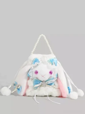 Sweet Lolita bunny plush crossbody bag front flat view with white fuzzy fabric, blue satin bows, and purple rabbit eyes detail