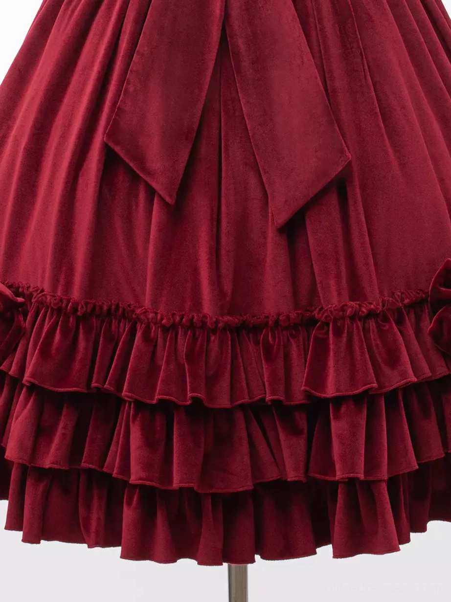 Sweet lolita burgundy JSK sleeveless dress care instructions maintenance guide for velour ruffled lolita jumper preservation