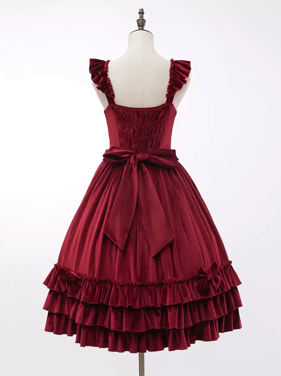 Sweet lolita burgundy JSK sleeveless jumper dress product details featuring velour fabric ruffled design and classic lolita silhouette