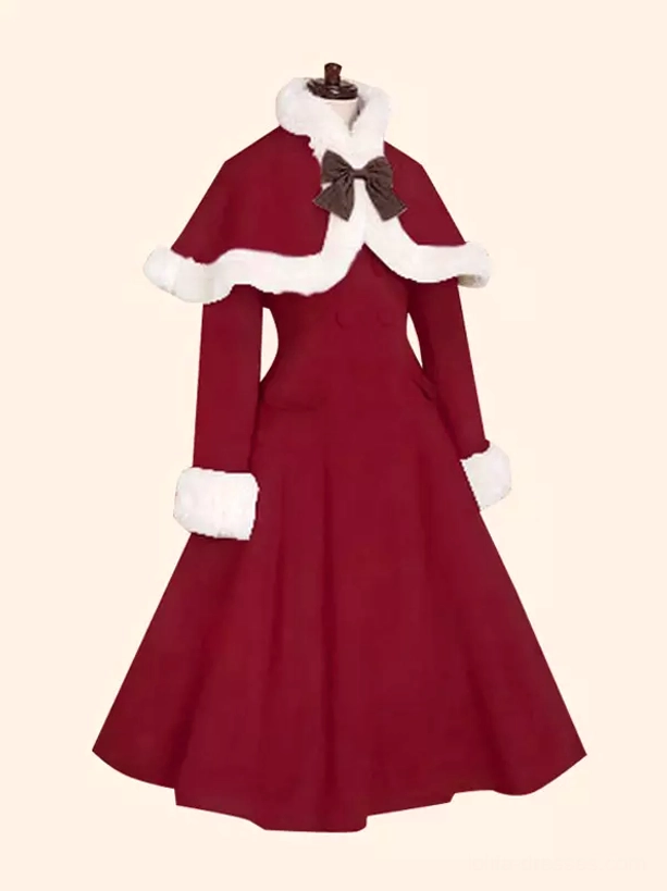 Rich burgundy wine Sweet Lolita butterfly winter cloak overcoat white fur trim dark brown bow classic A-line cut elegant front display flat lay romantic aesthetic