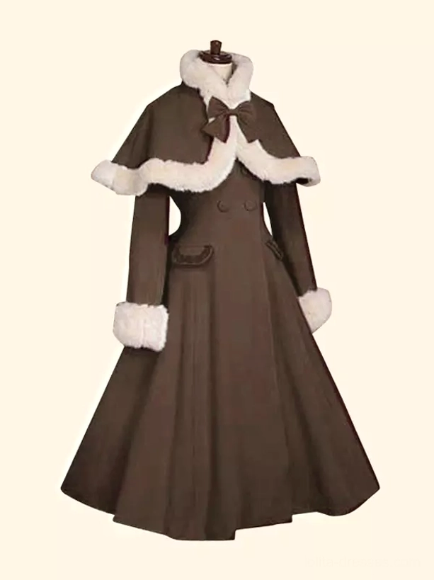 Dark brown Sweet Lolita winter cloak overcoat white fur trim dark brown bow decoration flap side pockets romantic silhouette front flat product display view