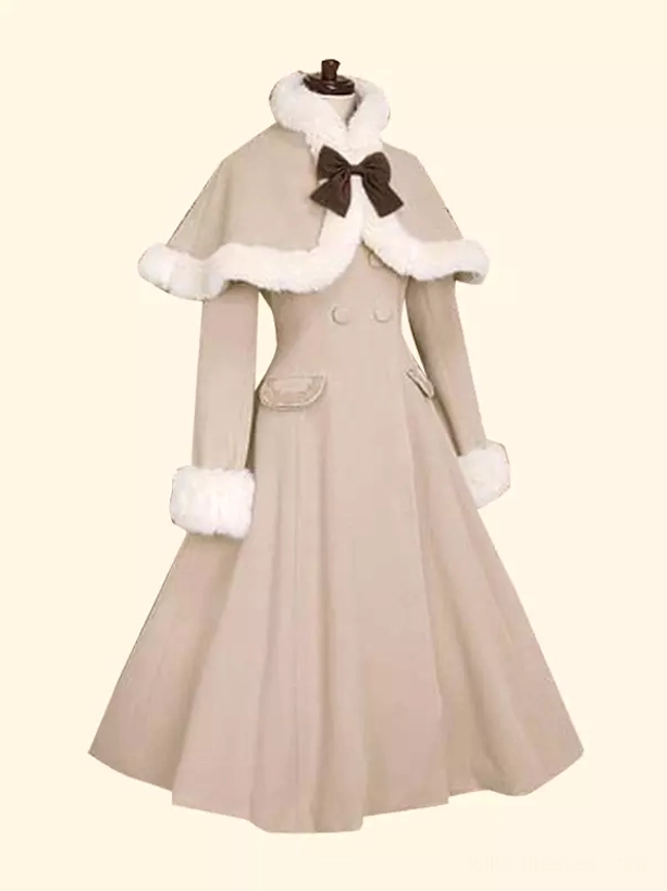 Light khaki beige Sweet Lolita butterfly cloak overcoat with white fur trim flap side pockets dark brown bow decoration romantic A-line front view flat lay
