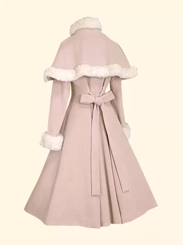 Light pink Sweet Lolita butterfly winter cloak overcoat back view white fur trim detachable waist bow tie flared skirt hem romantic rear display flat lay