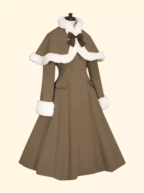 Olive butterfly Sweet Lolita winter cloak overcoat multiple color variations white fur trim romantic silhouette sweet lolita fashion style guide showcase