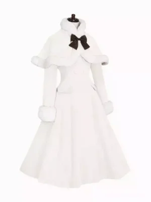 Sweet Lolita winter cloak overcoat tailor-made color front view flat lay with butterfly embellishments white fur trim black bow details romantic A-line silhouette