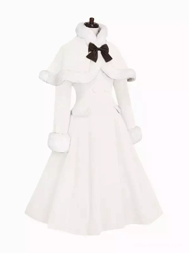 Sweet Lolita winter cloak overcoat tailor-made color front view flat lay with butterfly embellishments white fur trim black bow details romantic A-line silhouette