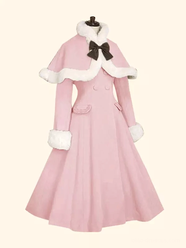 Pastel pink Sweet Lolita winter cloak overcoat with white fur trim fitted waist design dark brown bow embellishment romantic silhouette front display flat lay