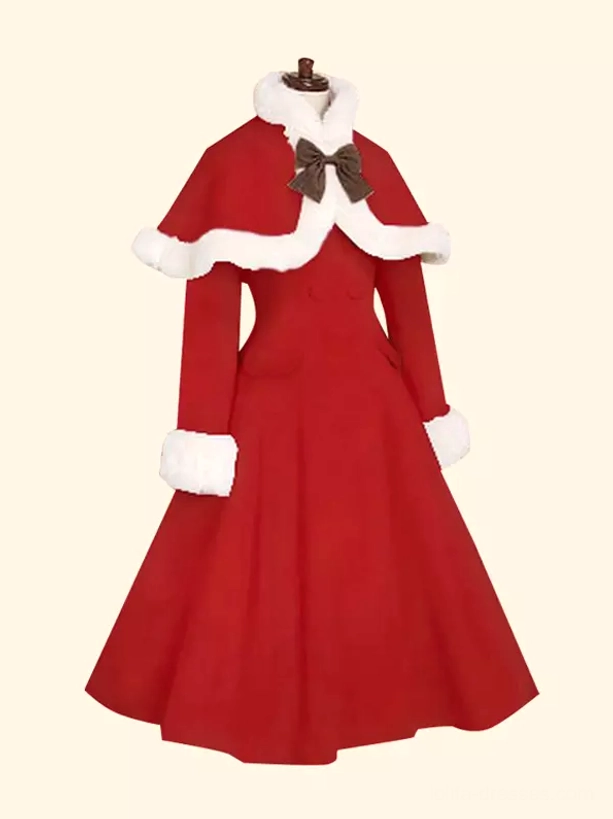 Bright scarlet red Sweet Lolita winter cloak overcoat wool-like fabric white fur trim butterfly embellishment romantic A-line silhouette front flat product view