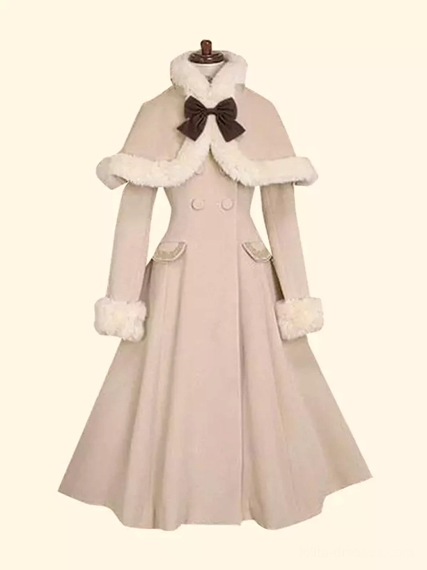 Light taupe beige Sweet Lolita winter cloak overcoat white fur trim double-breasted front details dark brown bow romantic silhouette flat lay product view