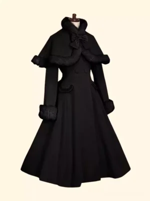 Jet black Sweet Lolita winter cloak overcoat front display with black fur trim tailored waist silhouette structured bow accents elegant flat lay product view