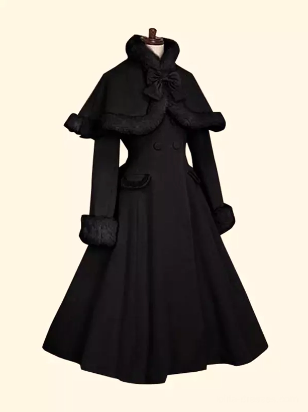 Jet black Sweet Lolita winter cloak overcoat front display with black fur trim tailored waist silhouette structured bow accents elegant flat lay product view