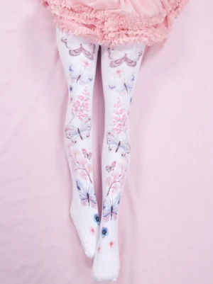 Sweet lolita butterfly watercolor tights front view worn with pink ruffled skirt full leg display