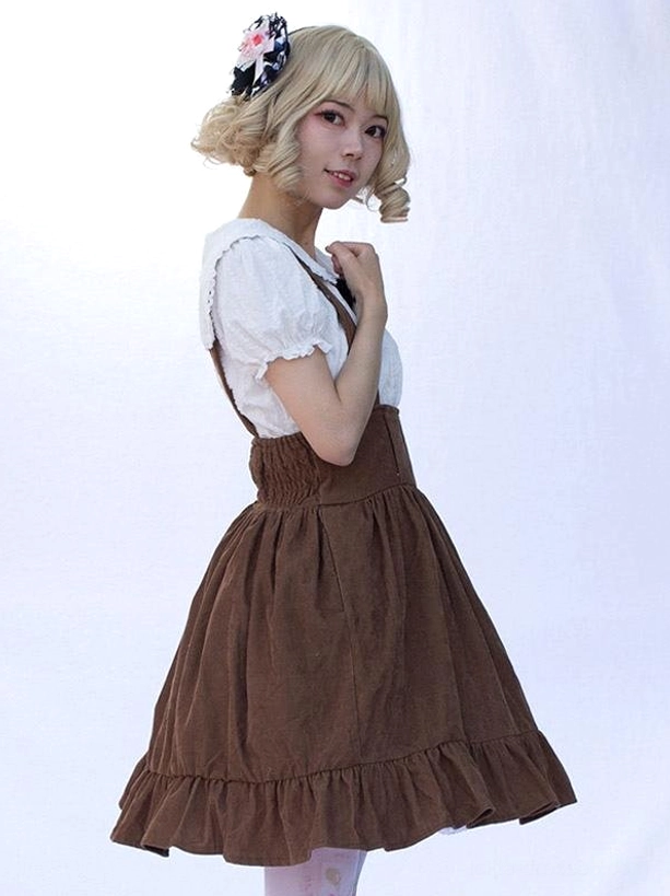 Sweet lolita camel skirt side three-quarter view fitted suspender bodice puffed short sleeves detail