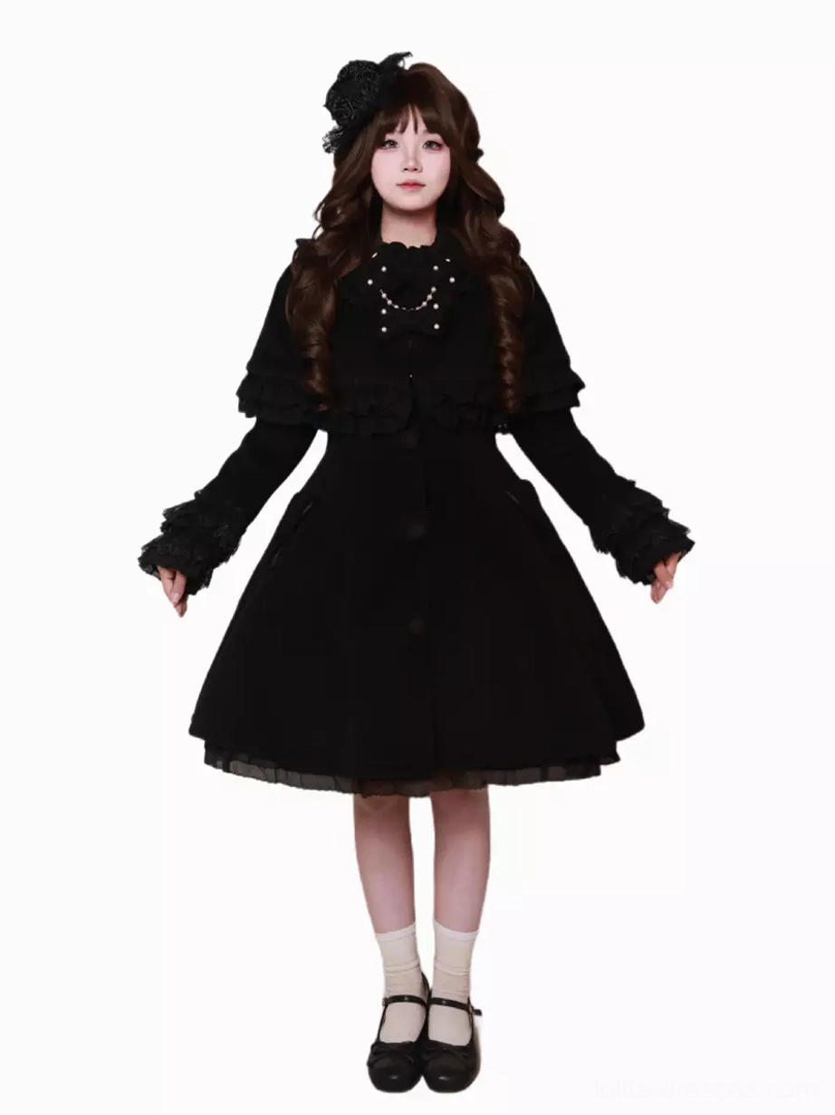 Sweet lolita cape coat styling inspiration flat lay featuring accessories coordination with vintage handbag pearl necklace and hair clips