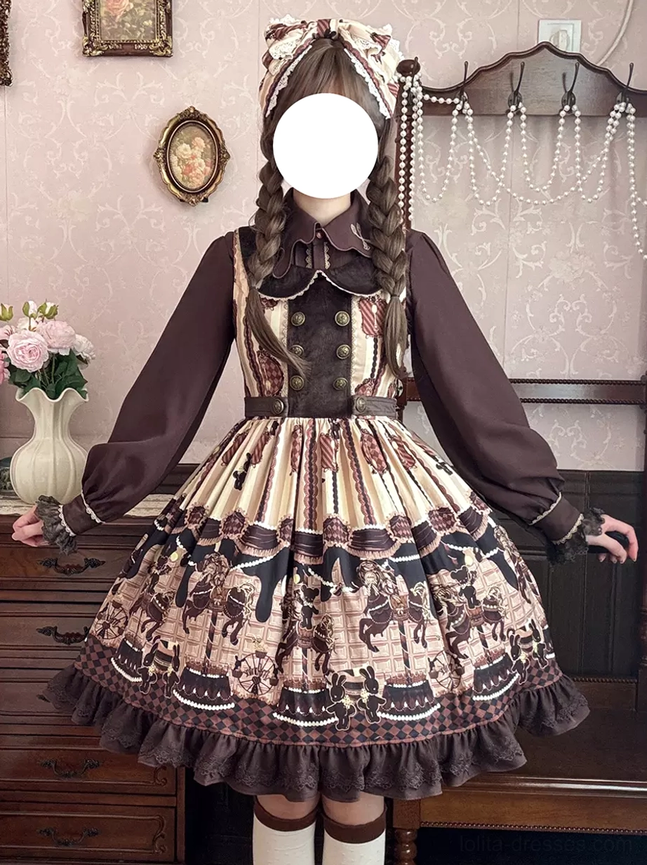Sweet lolita dress set side front view with open long sleeves ruffled skirt hem carousel print and twin braids hair bow