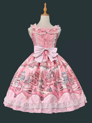 Pink Sweet Lolita JSK sleeveless dress with striped front bow and castle print skirt front view