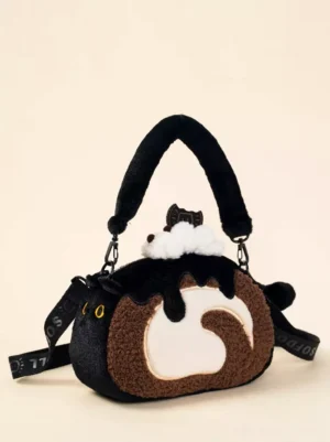 Sweet lolita cat cake roll plush crossbody bag in coffee brown and black with cream puff details side view angle