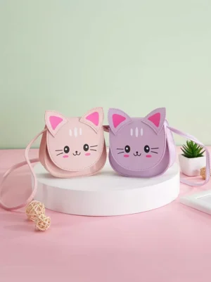 Sweet Lolita cat crossbody bag collection in multiple colors - pink lavender red black PU leather kawaii bag flat lay