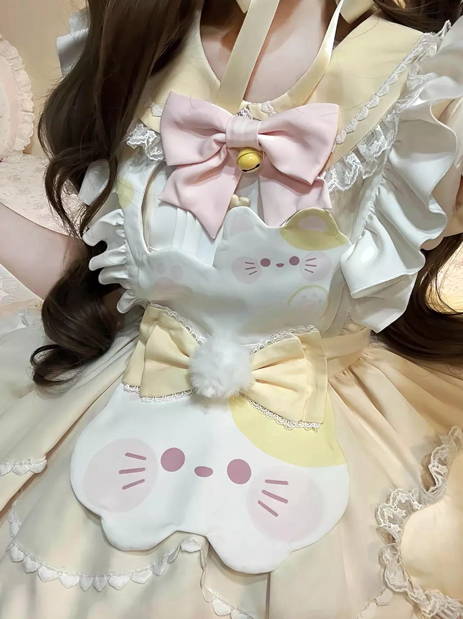 Sweet lolita cat dress collection showcase featuring multiple color variants including pink light sky blue yellow and beige cute kawaii feline theme short sleeve puffed sleeve