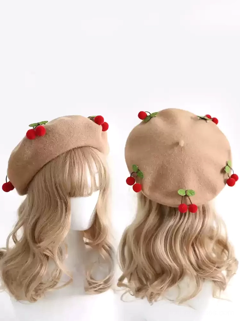Sweet Lolita cherry beret hat collection showcasing multiple color variations, all featuring decorative pom-pom elements