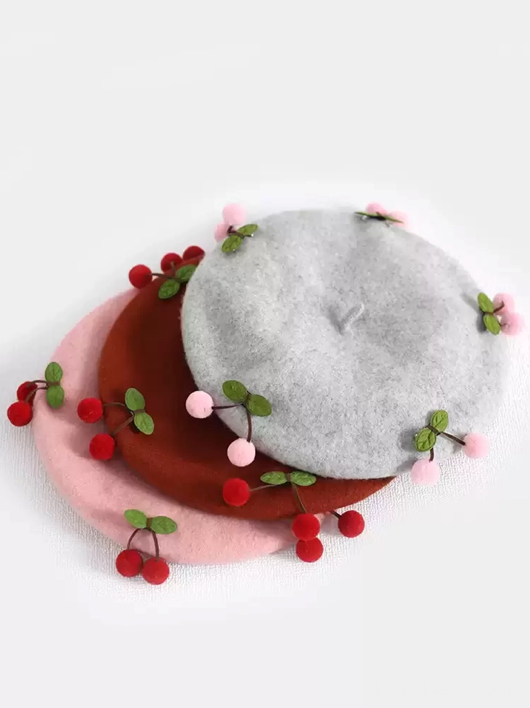 Sweet Lolita cherry beret with coordinating outfit styling demonstration, showing how to wear this iconic Lolita accessory