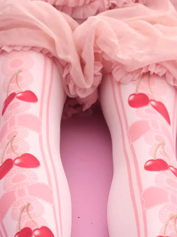 Sweet Lolita cherry blossom stockings rear perspective view displaying vertical pink stripes bow lace prints and red cherry motifs with model wearing pink ruffled skirt