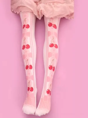Sweet Lolita cherry print over-knee stockings flat lay overhead view showcasing white base fabric with vibrant red cherry motifs and pink velvet texture worn with pink ruffled skirt