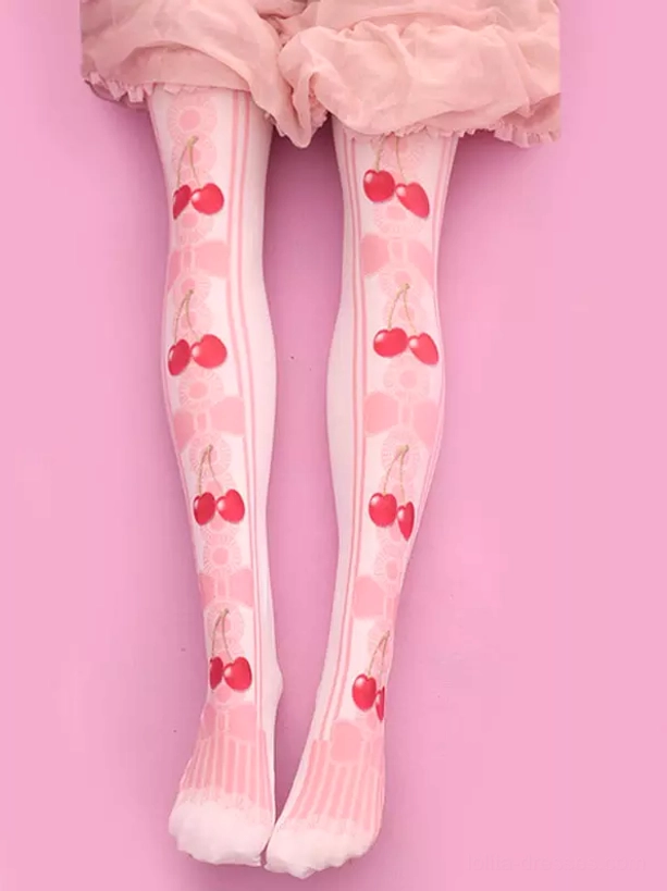 Sweet Lolita cherry print over-knee stockings flat lay overhead view showcasing white base fabric with vibrant red cherry motifs and pink velvet texture worn with pink ruffled skirt