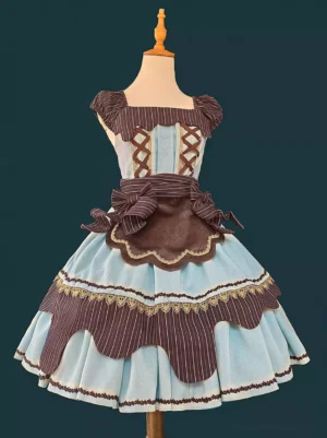 Full flat lay view of sweet Lolita brown striped maid apron with scalloped lace trim shown on dress form against dark background