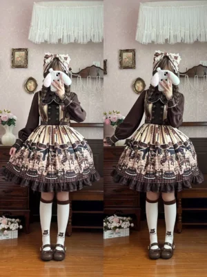 Classic chocolate carousel sweet lolita jumper dress front view with twin braids model wearing matching hair bow and vintage indoor setting