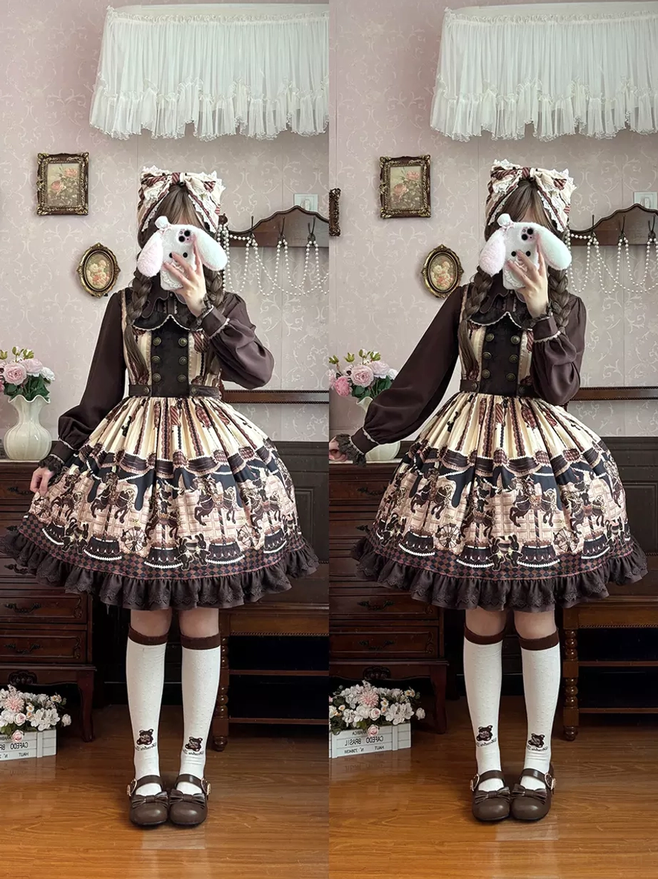 Classic chocolate carousel sweet lolita jumper dress front view with twin braids model wearing matching hair bow and vintage indoor setting
