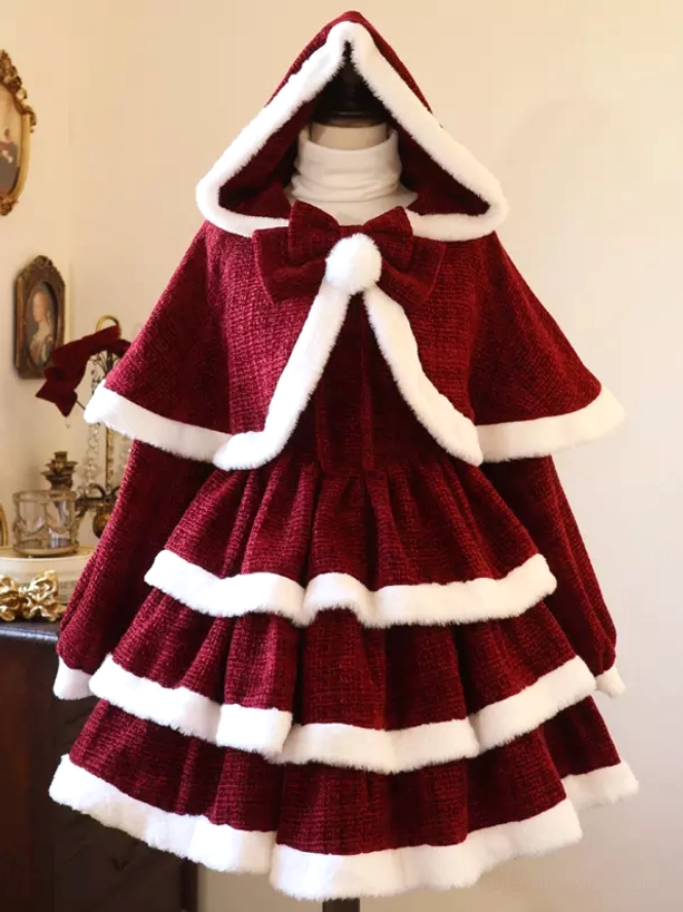 Sweet lolita Christmas ensemble full view showcasing red dress cape and coordinating accessories for holiday fashion meetup or event wear