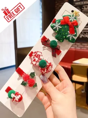 Sweet Lolita Christmas hair clips collection featuring red bows, snowflake patterns, and festive motifs displayed in elegant frontal view