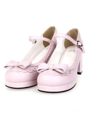 Light pink lolita chunky heel mary jane shoes side oblique view showing scalloped edge and bow detail