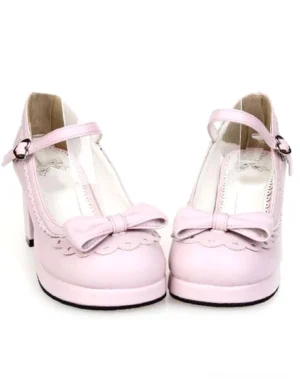 Light pink sweet lolita chunky heel shoes with bow decor and ankle buckle strap front flat view