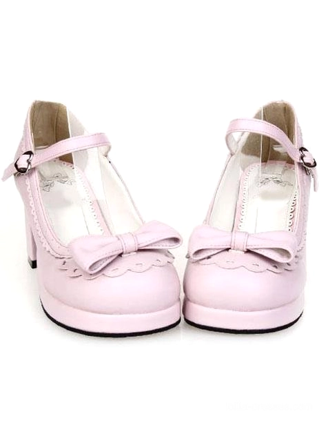 Light pink sweet lolita chunky heel shoes with bow decor and ankle buckle strap front flat view