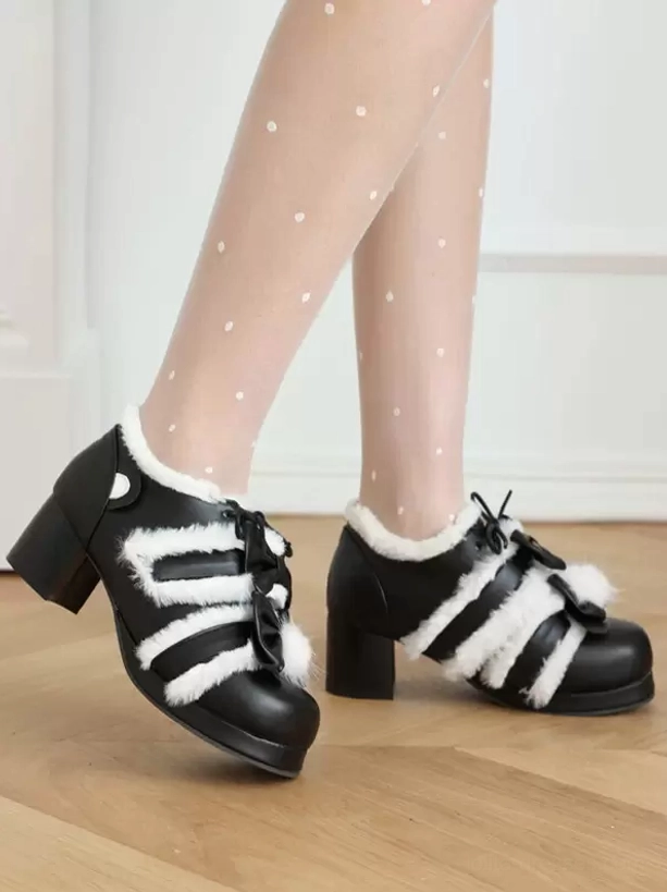 Sweet lolita chunky heel pumps multi-color collection display, product showcase featuring pink white and black variants with bow accents
