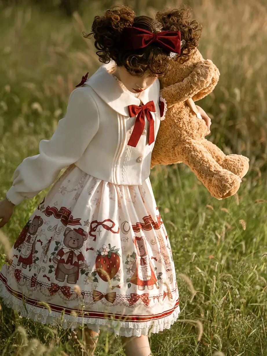 Sweet lolita coat dress back side view grass field puff long sleeves teddy bear carried