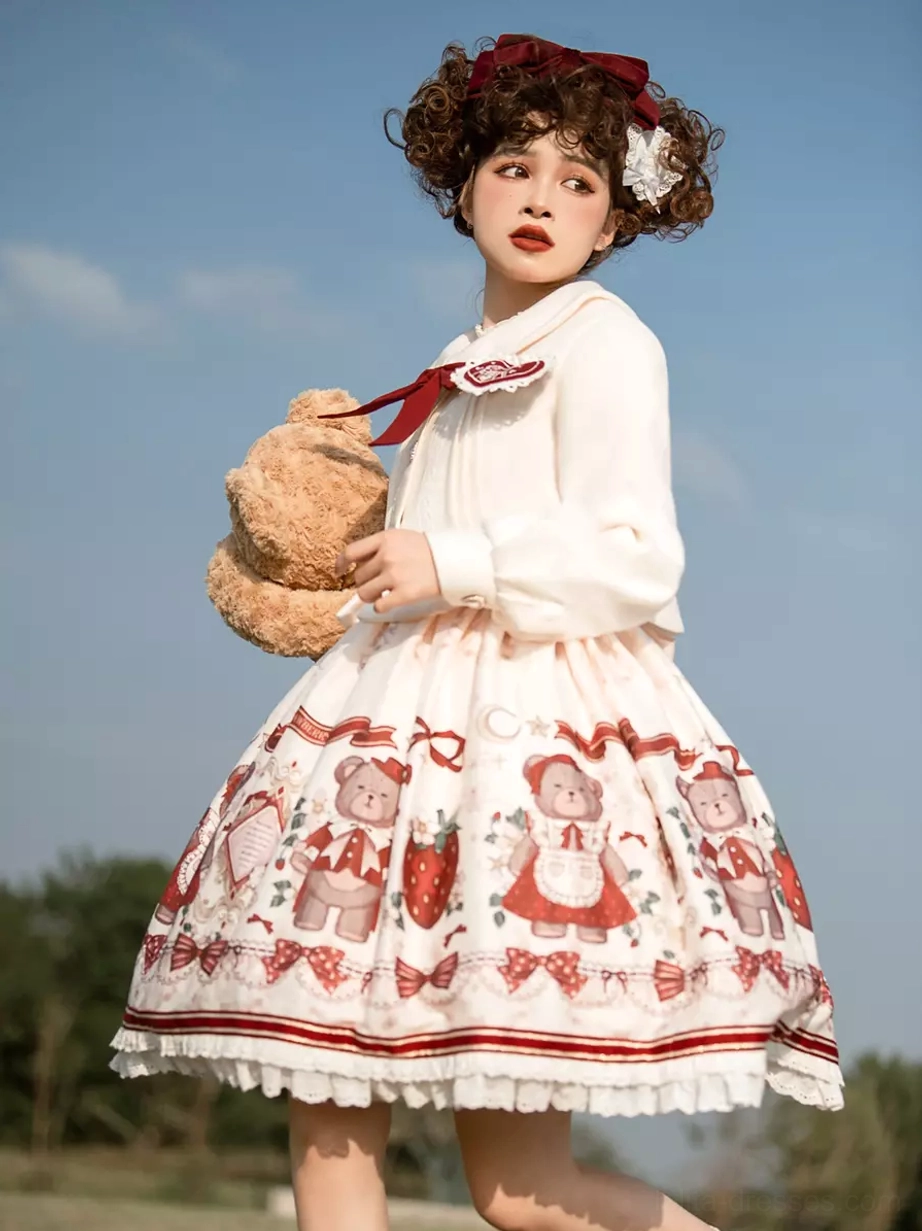 Sweet lolita coat dress ensemble half side view cream red color scheme outdoor lawn
