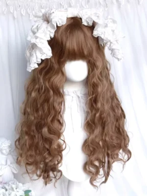 Coffee brown lolita curly wig with white ruffled hair accessory, featuring air bangs and long wavy texture, perfect for sweet lolita rococo style coordinates