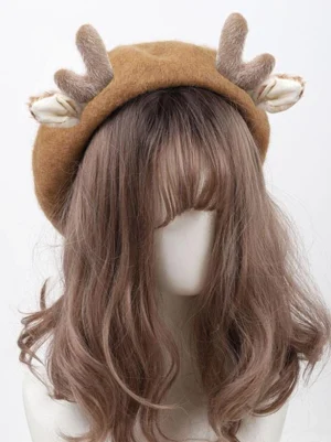 Coffee brown fuzzy deer horn lolita beret on mannequin front oblique view showing plush antler ear ornaments and rococo sweet lolita accessory design