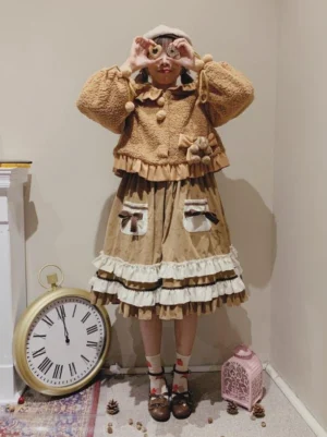 Sweet lolita coffee brown fuzzy coat cropped front view faceless model wearing matching beret with round ball buttons and layered ruffle skirt