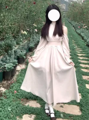 sweet-lolita-cold-shoulder-midi-dress-pearl-neckline-front-view-romantic-garden-outdoor