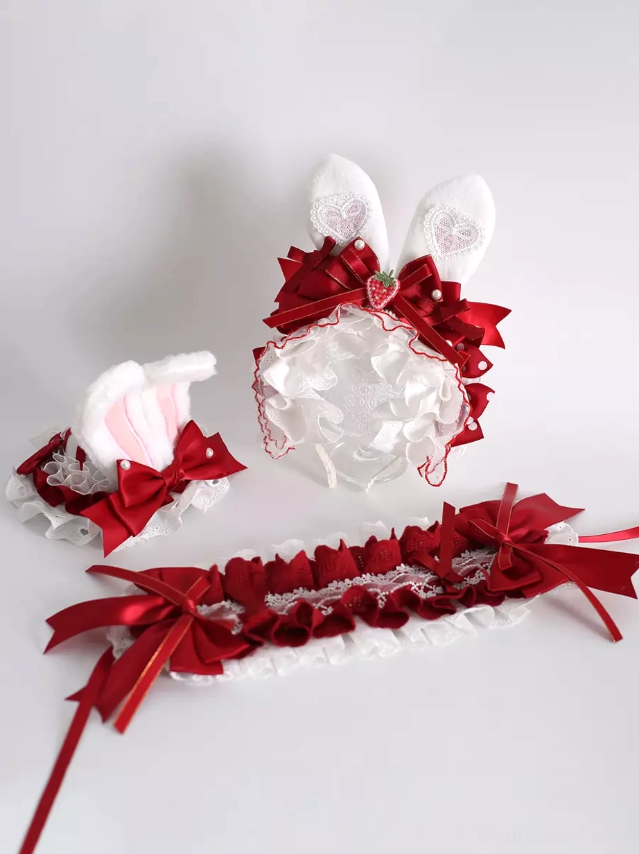 complete-sweet-lolita-accessory-set-flat-lay-red-white-headband-matching-bunny-ear-clip-lace-choker-strawberry-motifs-coordinated-ensemble-full-collection