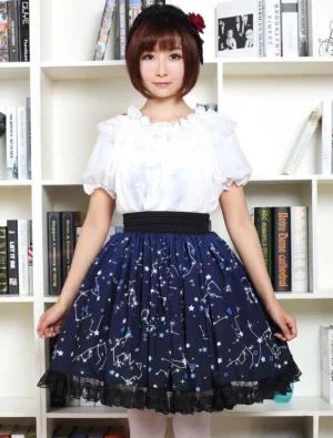 Sweet lolita two-piece outfit front view - white ruffled short-sleeve top with dark blue constellation printed high-waisted skirt and black lace hem trim