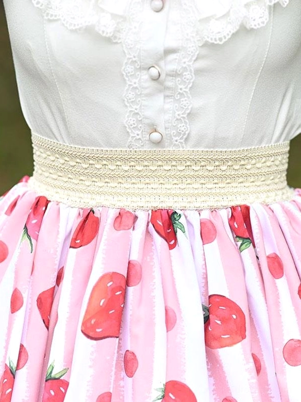 sweet lolita coordinate waist detail top down view white lace blouse beige woven chain strawberry skirt