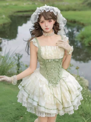 Sweet lolita dress half body front view corset bodice lace choker detail riverside meadow lolita model