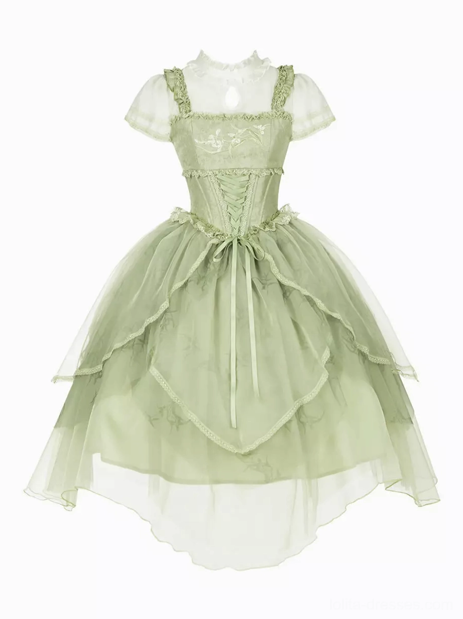 Detailed close-up of sweet lolita dress corset lacing system, floral lace bodice pattern, and stand collar with hollow details showing construction quality