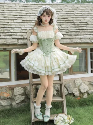 Sweet lolita corset dress sleeveless white sage green spaghetti strap full ensemble front view outdoor cottage garden setting
