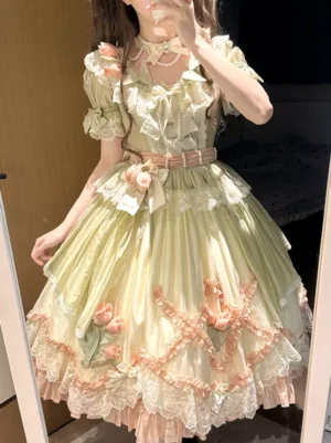 Sweet Lolita dress light green with peach waist belt tulip flower appliques layered ruffled skirt hem detail